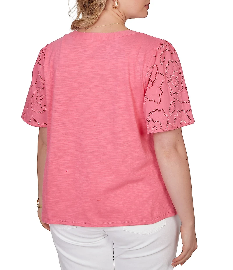 Ruby Rd. Plus Size Cotton Jersey Knit Split V-Neck Short Eyelet Sleeve Top