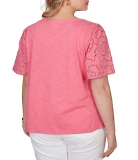 Ruby Rd. Plus Size Cotton Jersey Knit Split V-Neck Short Eyelet Sleeve Top