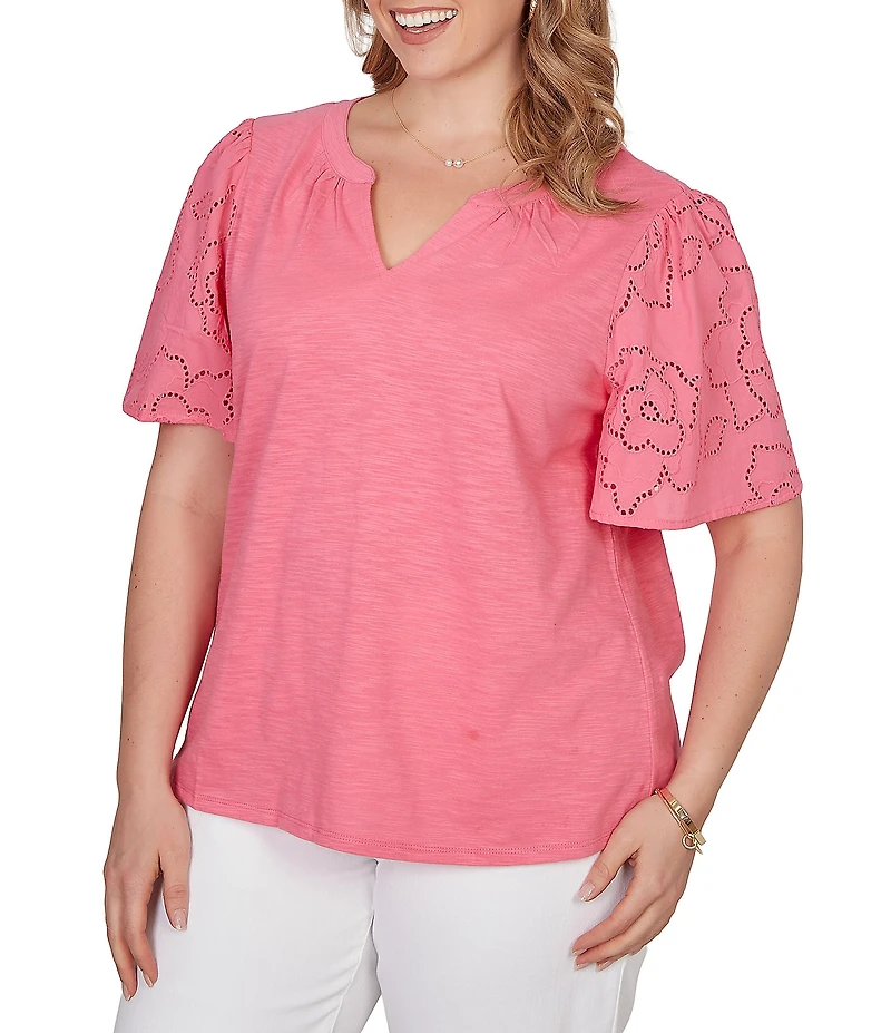 Ruby Rd. Plus Size Cotton Jersey Knit Split V-Neck Short Eyelet Sleeve Top