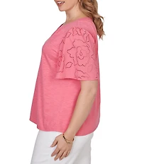 Ruby Rd. Plus Size Cotton Jersey Knit Split V-Neck Short Eyelet Sleeve Top