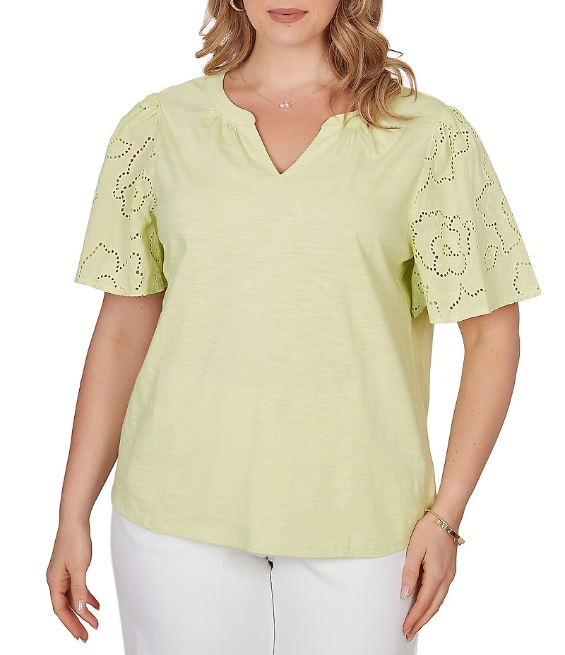 Ruby Rd. Plus Size Cotton Jersey Knit Split V-Neck Short Eyelet Sleeve Top