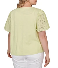 Ruby Rd. Plus Size Cotton Jersey Knit Split V-Neck Short Eyelet Sleeve Top