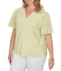 Ruby Rd. Plus Size Cotton Jersey Knit Split V-Neck Short Eyelet Sleeve Top