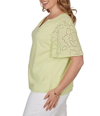 Ruby Rd. Plus Size Cotton Jersey Knit Split V-Neck Short Eyelet Sleeve Top