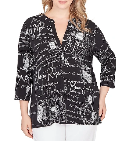 Ruby Rd. Plus Size Cotton Jersey Vintage Postcard Split V-Neck 3/4 Sleeve Top