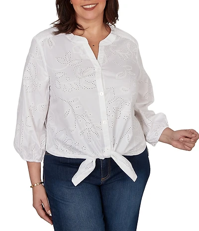 Ruby Rd. Plus Size Cotton Poplin Allover Eyelet Button-Front Tie Hem Blouse