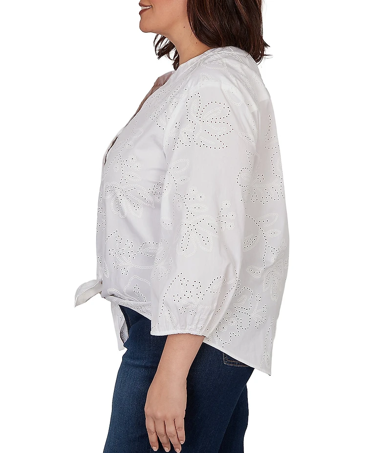 Ruby Rd. Plus Size Cotton Poplin Allover Eyelet Button-Front Tie Hem Blouse