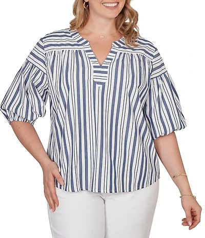 Ruby Rd. Plus Size Cotton Poplin Spliced Stripe Split V-Neck Elbow Sleeve Top