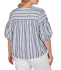 Ruby Rd. Plus Size Cotton Poplin Spliced Stripe Split V-Neck Elbow Sleeve Top
