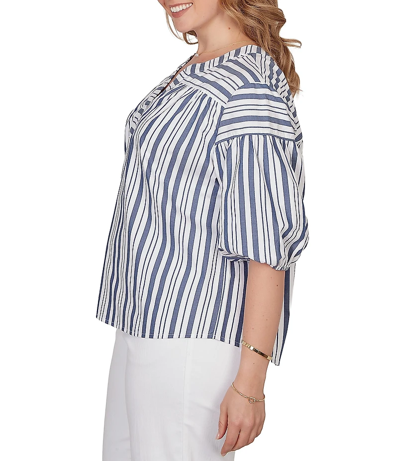 Ruby Rd. Plus Size Cotton Poplin Spliced Stripe Split V-Neck Elbow Sleeve Top