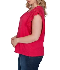 Ruby Rd. Plus Size Cotton Slub Jersey Knit Solid Scoop Neck Crochet Trim Sleeve Top
