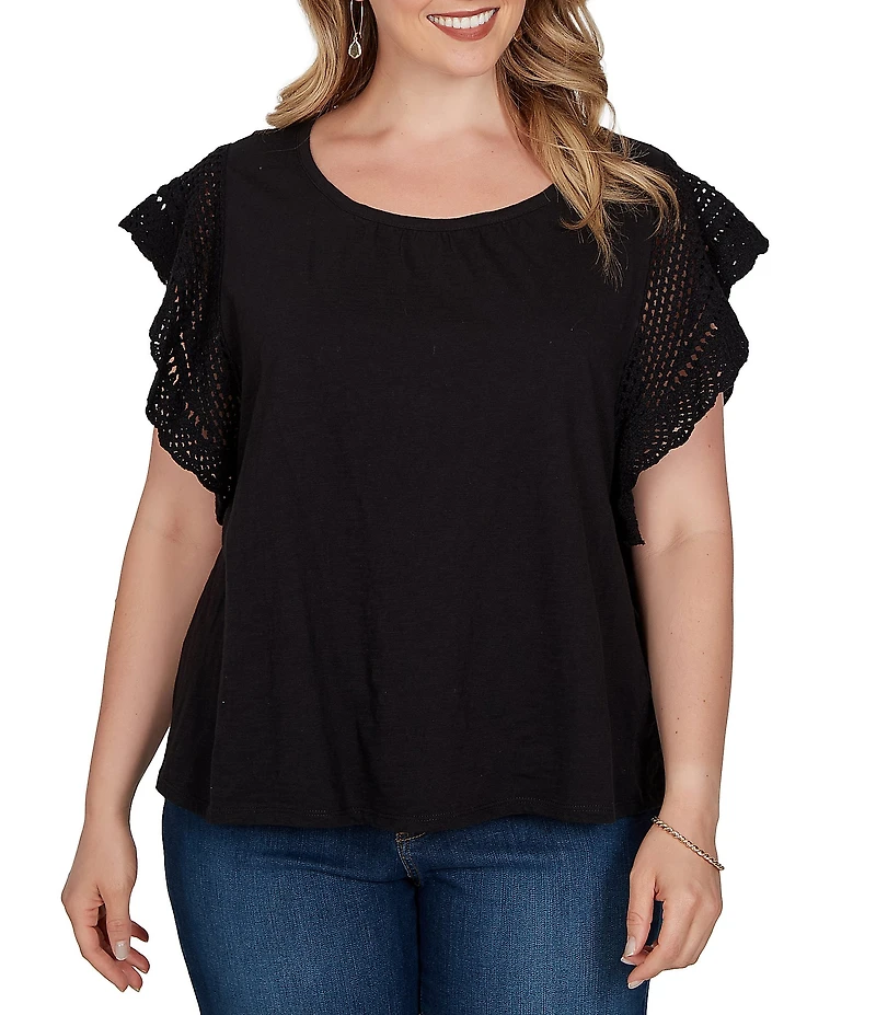 Ruby Rd. Plus Size Cotton Slub Jersey Knit Solid Scoop Neck Crochet Trim Sleeve Top