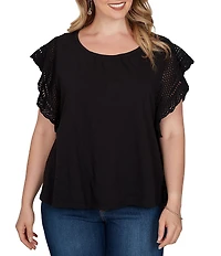 Ruby Rd. Plus Size Cotton Slub Jersey Knit Solid Scoop Neck Crochet Trim Sleeve Top