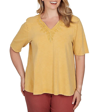 Ruby Rd. Plus Size Cotton Slub Jersey Knit V-Neck Short Sleeve Soutache Trim Top