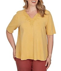 Ruby Rd. Plus Size Cotton Slub Jersey Knit V-Neck Short Sleeve Soutache Trim Top