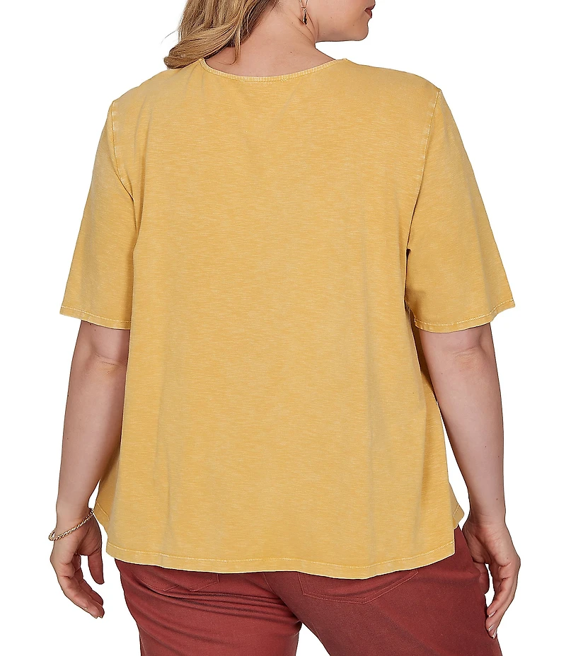 Ruby Rd. Plus Size Cotton Slub Jersey Knit V-Neck Short Sleeve Soutache Trim Top