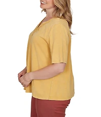 Ruby Rd. Plus Size Cotton Slub Jersey Knit V-Neck Short Sleeve Soutache Trim Top