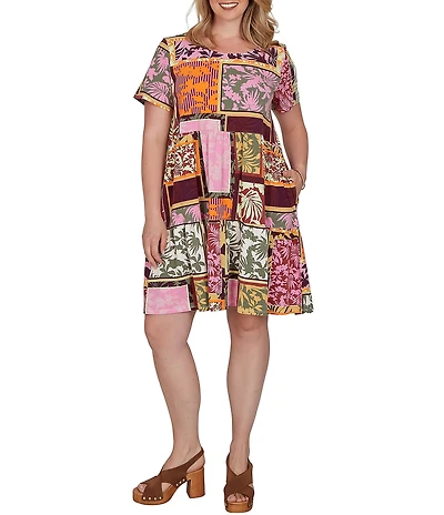 Ruby Rd. Plus Size Cotton Stretch Knit Patchwork Print Scoop Neck Short Sleeve Tiered Dress