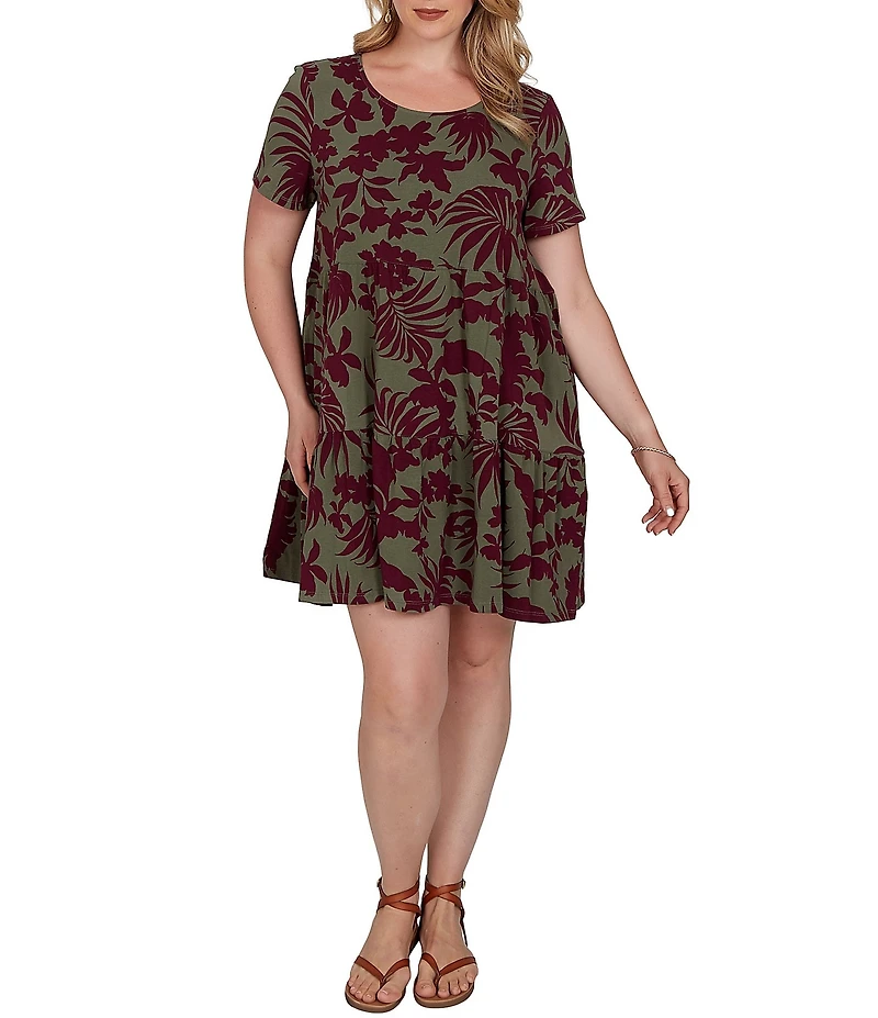 Ruby Rd. Plus Size Cotton Stretch Knit Tropical Foliage Print Scoop Neck Short Sleeve Tiered Dress