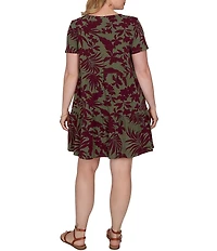 Ruby Rd. Plus Size Cotton Stretch Knit Tropical Foliage Print Scoop Neck Short Sleeve Tiered Dress
