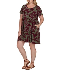 Ruby Rd. Plus Size Cotton Stretch Knit Tropical Foliage Print Scoop Neck Short Sleeve Tiered Dress