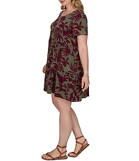 Ruby Rd. Plus Size Cotton Stretch Knit Tropical Foliage Print Scoop Neck Short Sleeve Tiered Dress