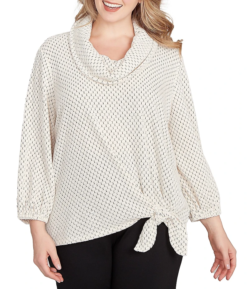 Ruby Rd. Plus Size Cowl Neck 3/4 Sleeve Side Tie Honeycomb Knit Top