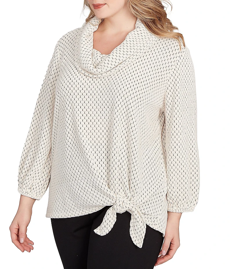 Ruby Rd. Plus Size Cowl Neck 3/4 Sleeve Side Tie Honeycomb Knit Top