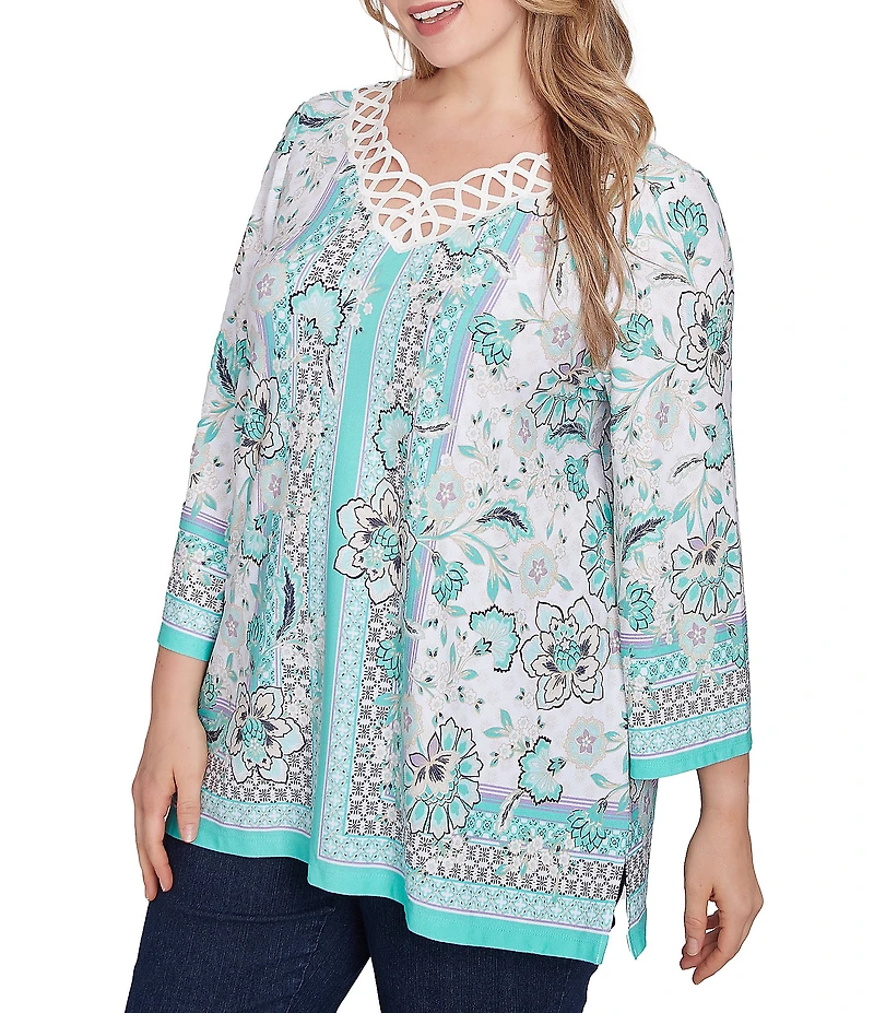 Ruby Rd. Plus Size Crepe Knit Printed Lace Trim V-Neck 3/4 Sleeve Top