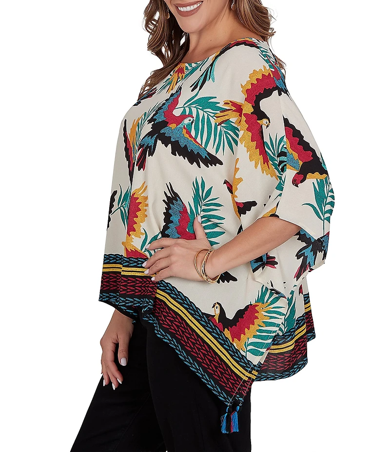 Ruby Rd. Plus Size Crepe Paradise Bird Scoop Neck Short Sleeve Tassel Hem Top