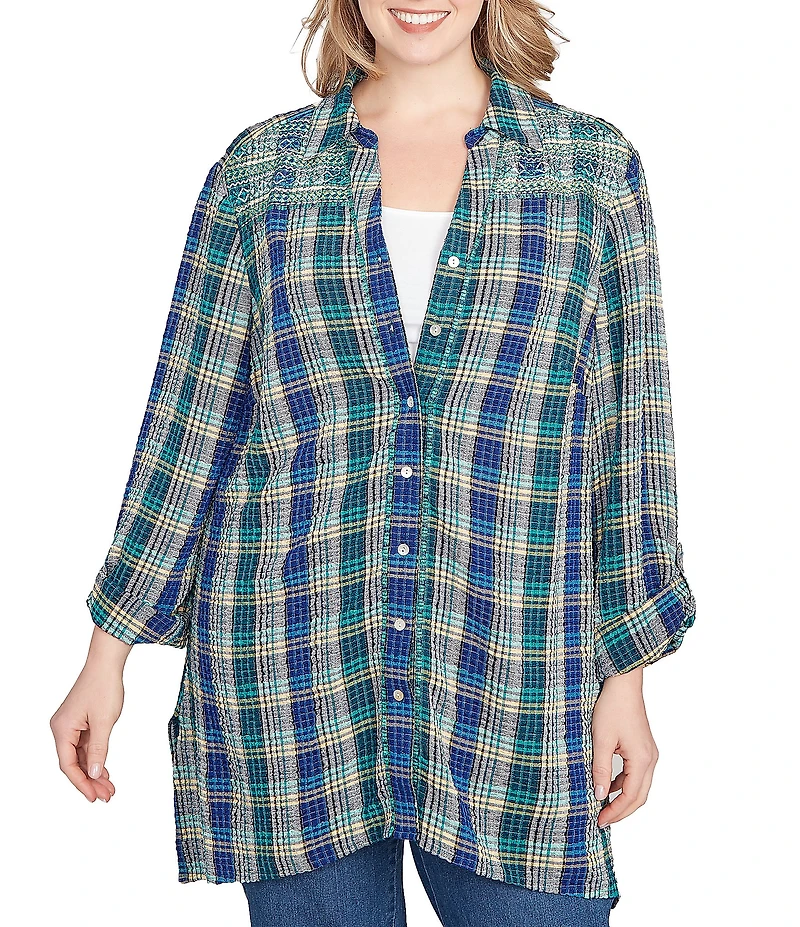 Ruby Rd. Plus Size Crinkle Woven Plaid Collared V-Neck Long Roll-Tab Sleeve Button-Front Shirt