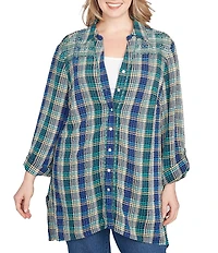 Ruby Rd. Plus Size Crinkle Woven Plaid Collared V-Neck Long Roll-Tab Sleeve Button-Front Shirt