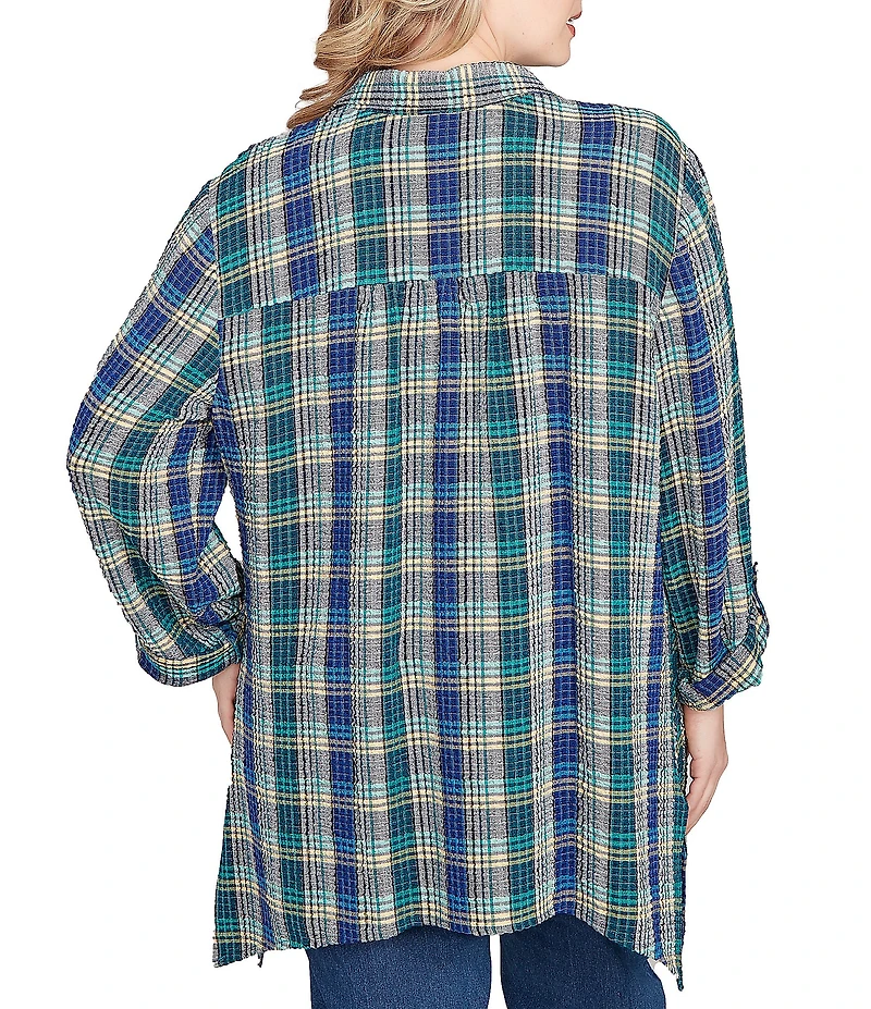 Ruby Rd. Plus Size Crinkle Woven Plaid Collared V-Neck Long Roll-Tab Sleeve Button-Front Shirt