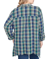 Ruby Rd. Plus Size Crinkle Woven Plaid Collared V-Neck Long Roll-Tab Sleeve Button-Front Shirt