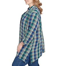 Ruby Rd. Plus Size Crinkle Woven Plaid Collared V-Neck Long Roll-Tab Sleeve Button-Front Shirt