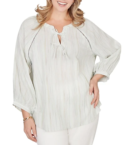 Ruby Rd. Plus Size Crinkle Woven Striped Split V-Neck Tie-Front Peasant Top
