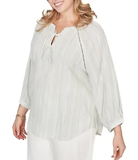 Ruby Rd. Plus Size Crinkle Woven Striped Split V-Neck Tie-Front Peasant Top