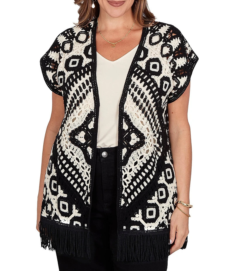Ruby Rd. Plus Size Crochet Intricate Medallion Open Front Cap Sleeve Fringe Trim Cardigan