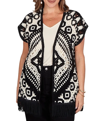 Ruby Rd. Plus Size Crochet Intricate Medallion Open Front Cap Sleeve Fringe Trim Cardigan