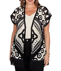 Ruby Rd. Plus Size Crochet Intricate Medallion Open Front Cap Sleeve Fringe Trim Cardigan