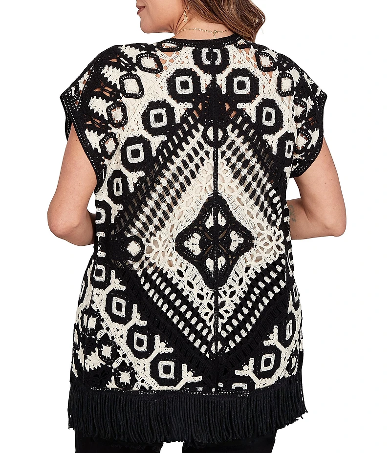 Ruby Rd. Plus Size Crochet Intricate Medallion Open Front Cap Sleeve Fringe Trim Cardigan