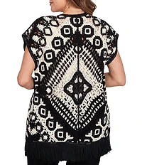 Ruby Rd. Plus Size Crochet Intricate Medallion Open Front Cap Sleeve Fringe Trim Cardigan