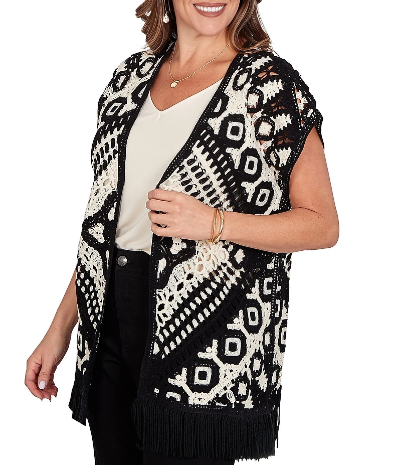 Ruby Rd. Plus Size Crochet Intricate Medallion Open Front Cap Sleeve Fringe Trim Cardigan
