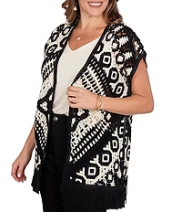 Ruby Rd. Plus Size Crochet Intricate Medallion Open Front Cap Sleeve Fringe Trim Cardigan