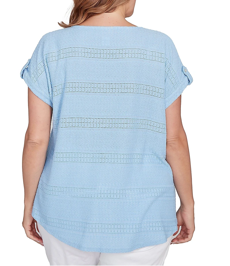 Ruby Rd. Plus Size Crochet Knit Boat Neck Short Button Tab Sleeve Top