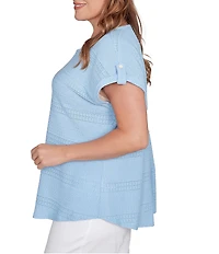 Ruby Rd. Plus Size Crochet Knit Boat Neck Short Button Tab Sleeve Top