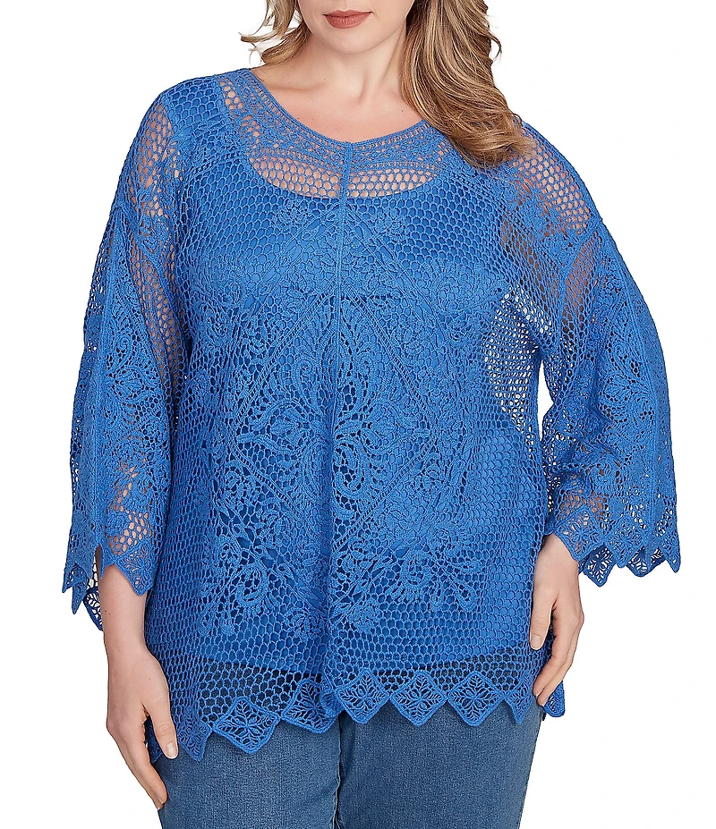 Ruby Rd. Plus Size Crochet Medallion Floral Pattern Scoop Neck 3/4 Wide Flared Sleeve Top