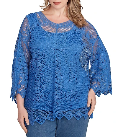 Ruby Rd. Plus Size Crochet Medallion Floral Pattern Scoop Neck 3/4 Wide Flared Sleeve Top