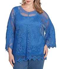 Ruby Rd. Plus Size Crochet Medallion Floral Pattern Scoop Neck 3/4 Wide Flared Sleeve Top