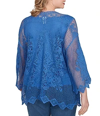 Ruby Rd. Plus Size Crochet Medallion Floral Pattern Scoop Neck 3/4 Wide Flared Sleeve Top